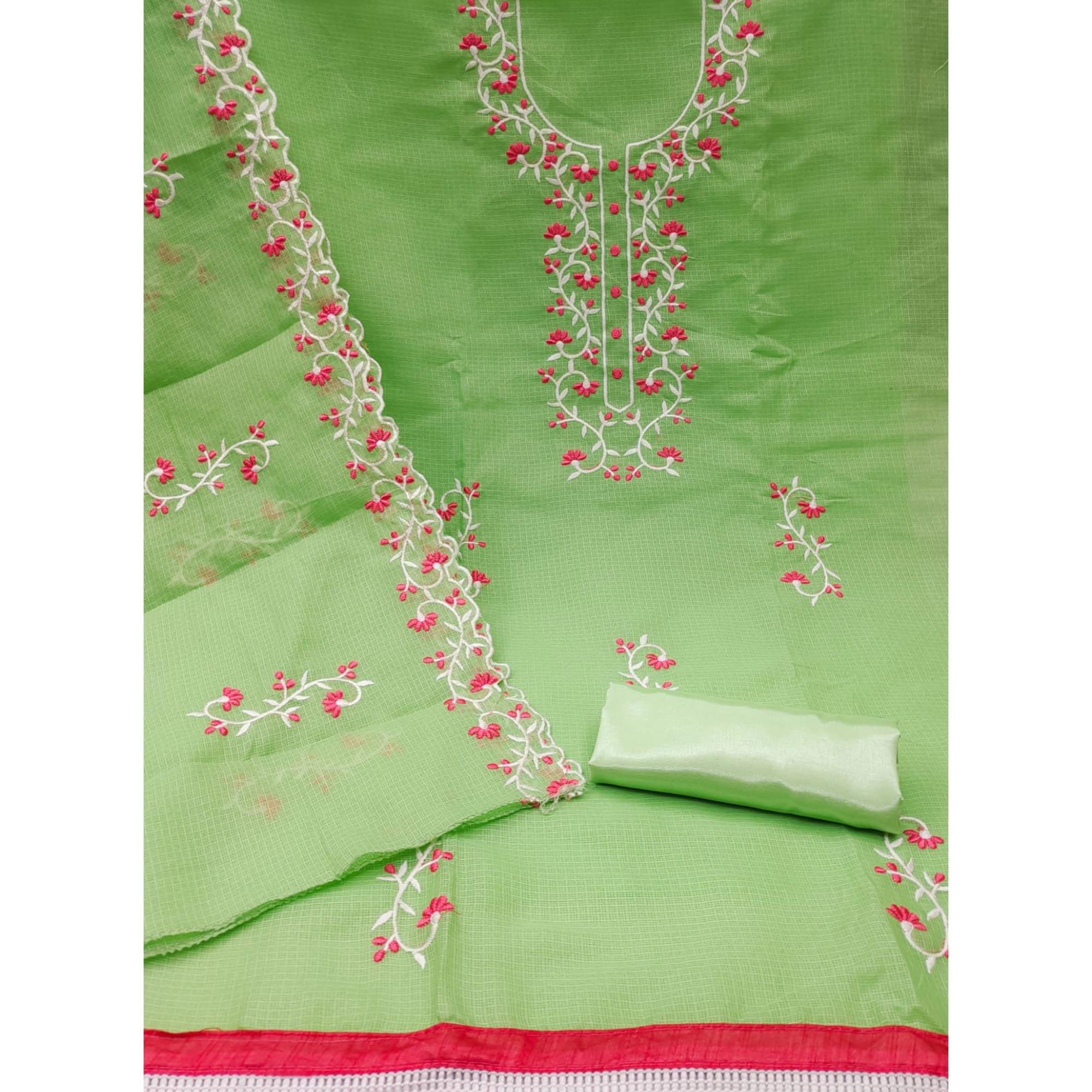 Green Floral Embroidered Kota Doria Dress Material - Peachmode