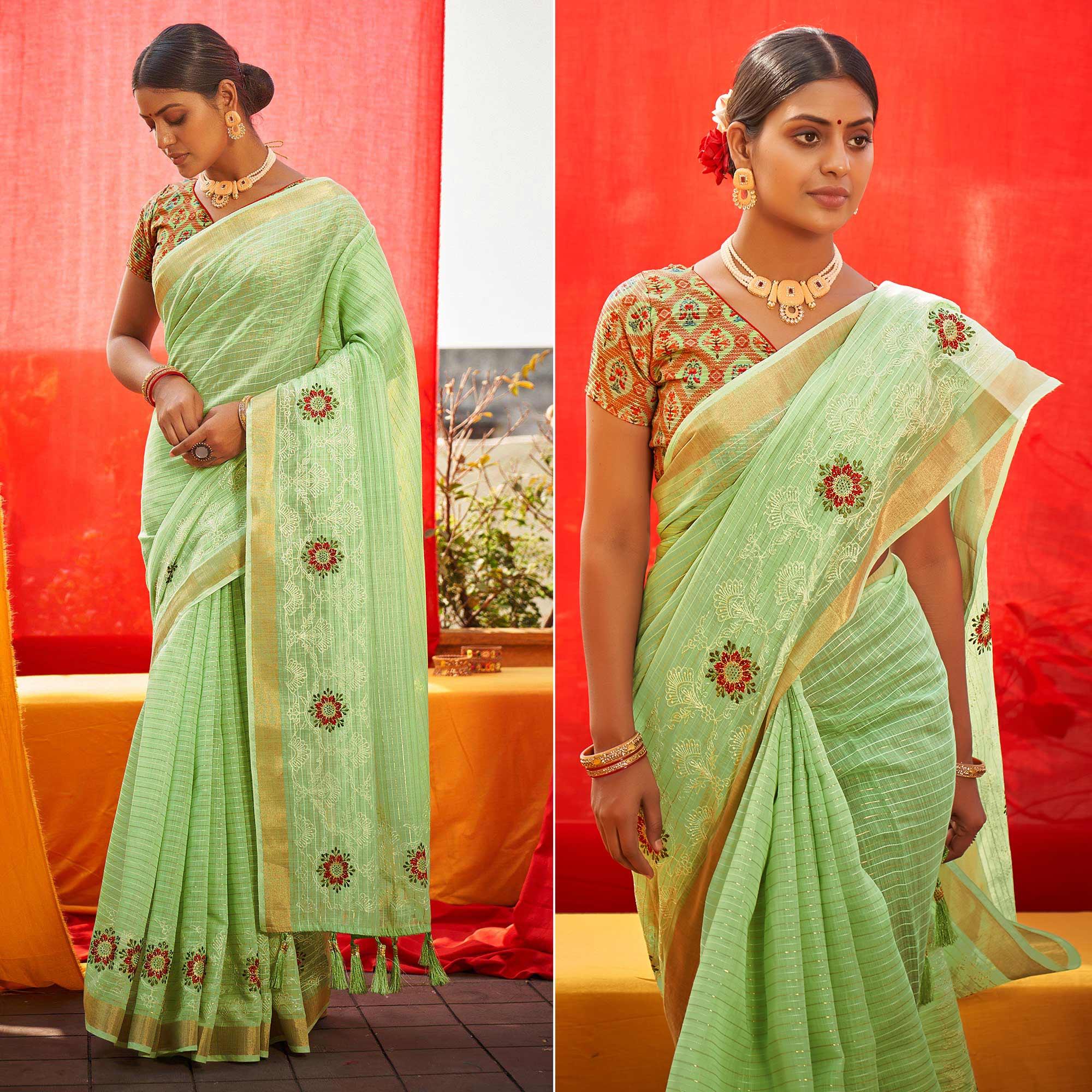 Green Floral Embroidered Linen Saree - Peachmode