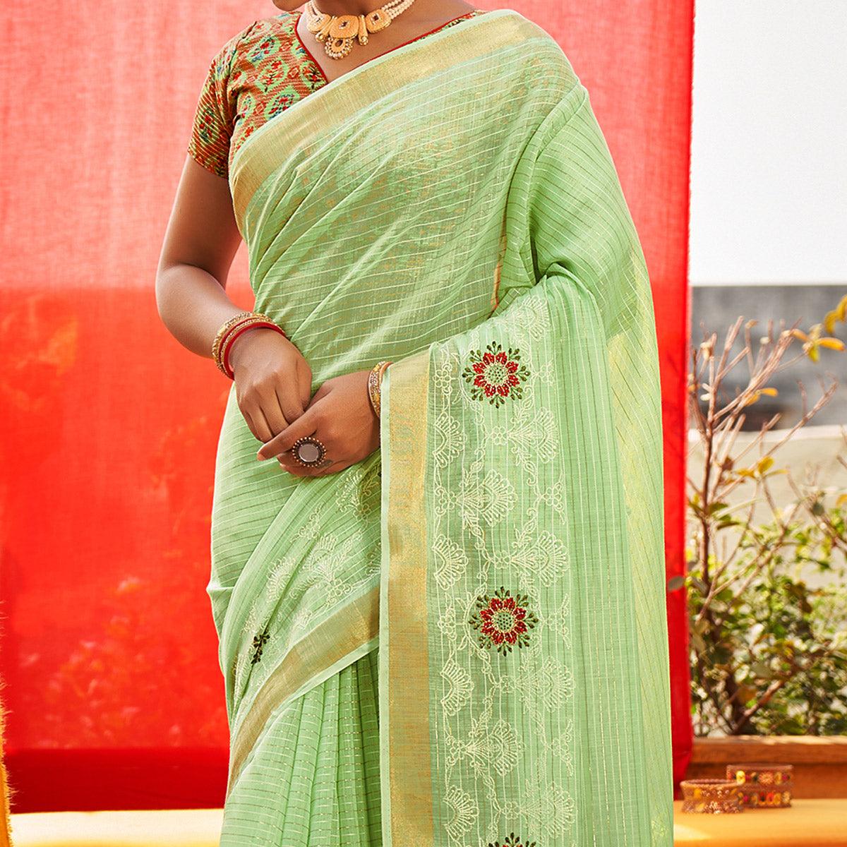 Green Floral Embroidered Linen Saree - Peachmode