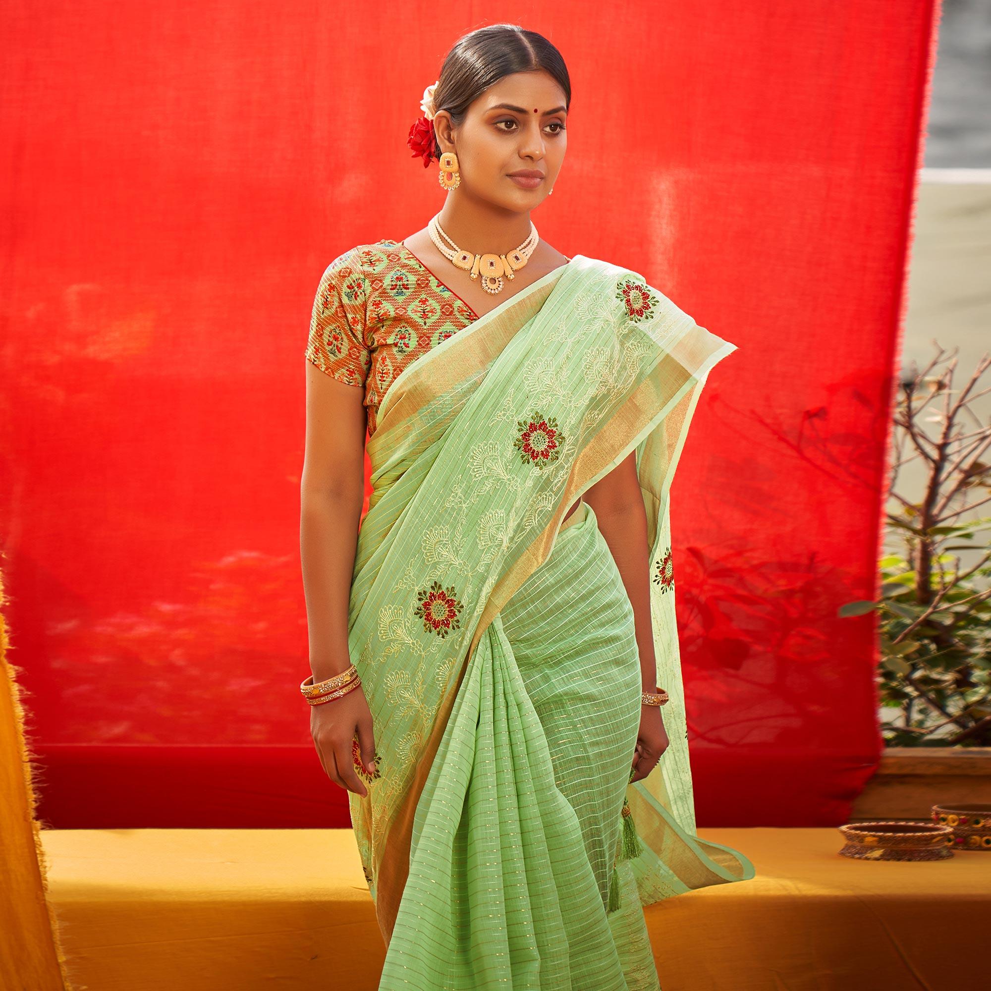 Green Floral Embroidered Linen Saree - Peachmode