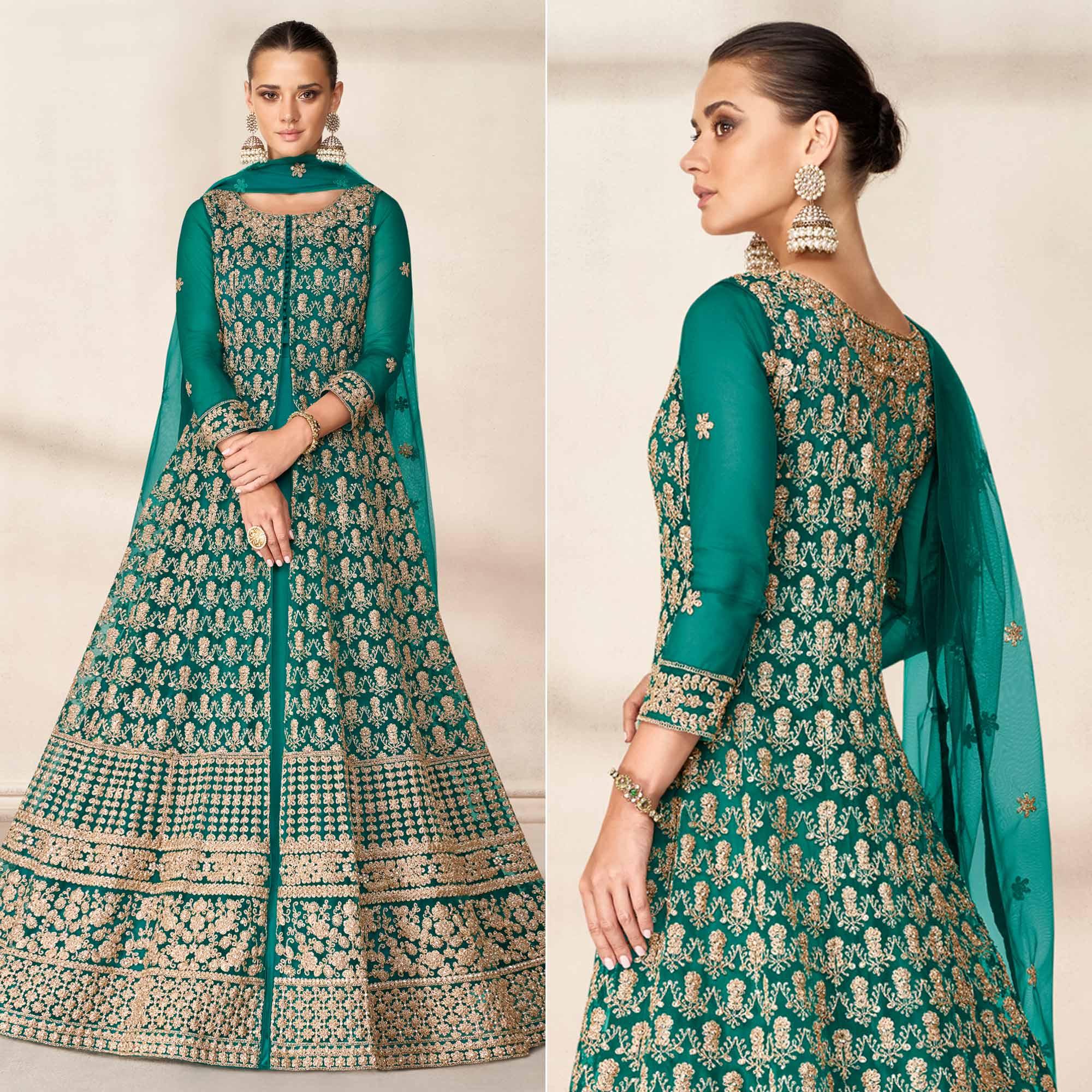 Green Floral Embroidered Net Anarkali Style Gown - Peachmode
