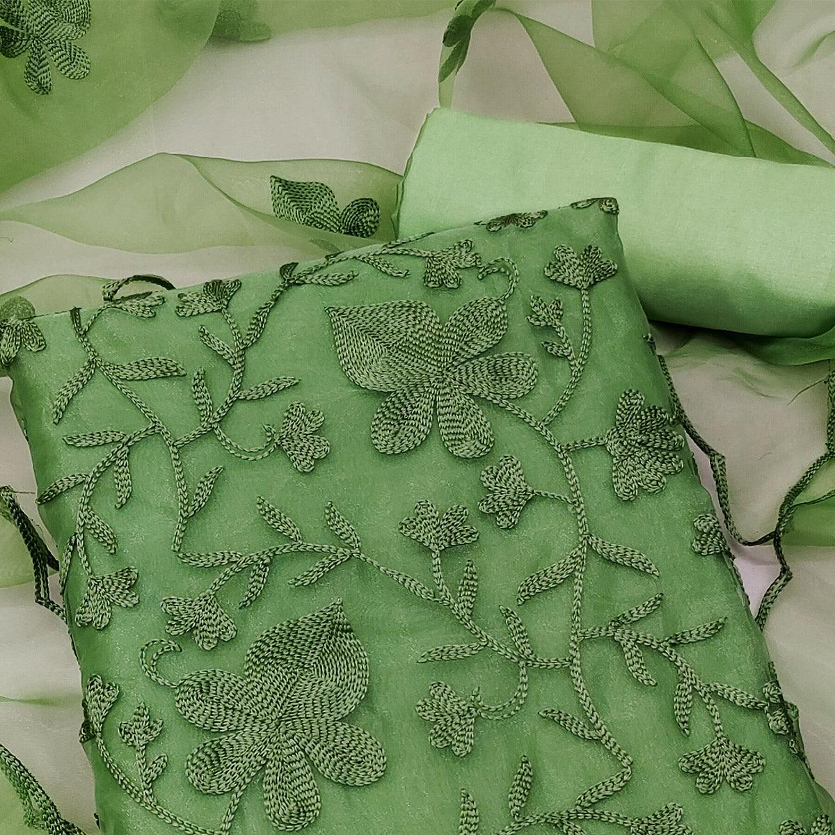 Green Floral Embroidered Organza Dress Material - Peachmode
