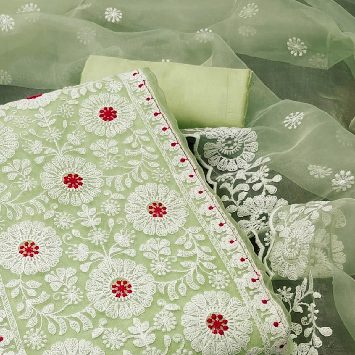 Green Floral Embroidered Organza Dress Material - Peachmode