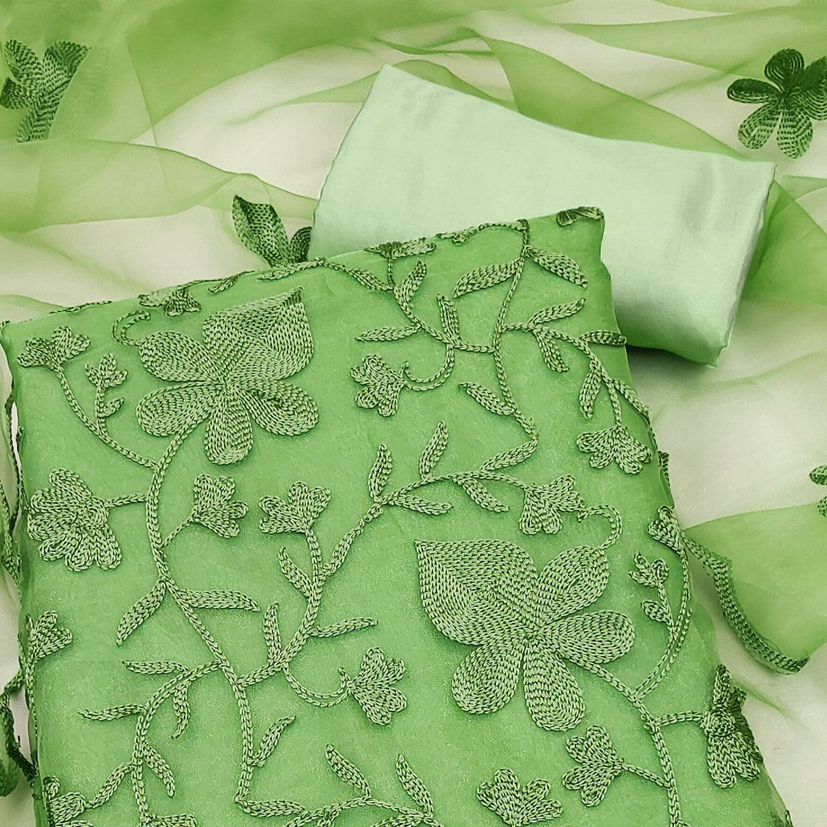 Green Floral Embroidered Organza Dress Material - Peachmode
