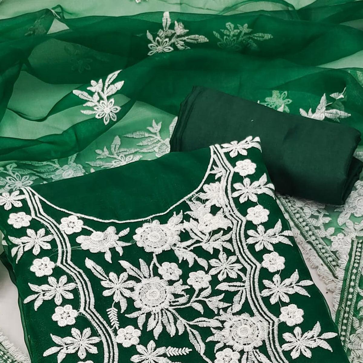 Green Floral Embroidered Organza Dress Material - Peachmode