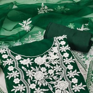 Green Floral Embroidered Organza Dress Material - Peachmode