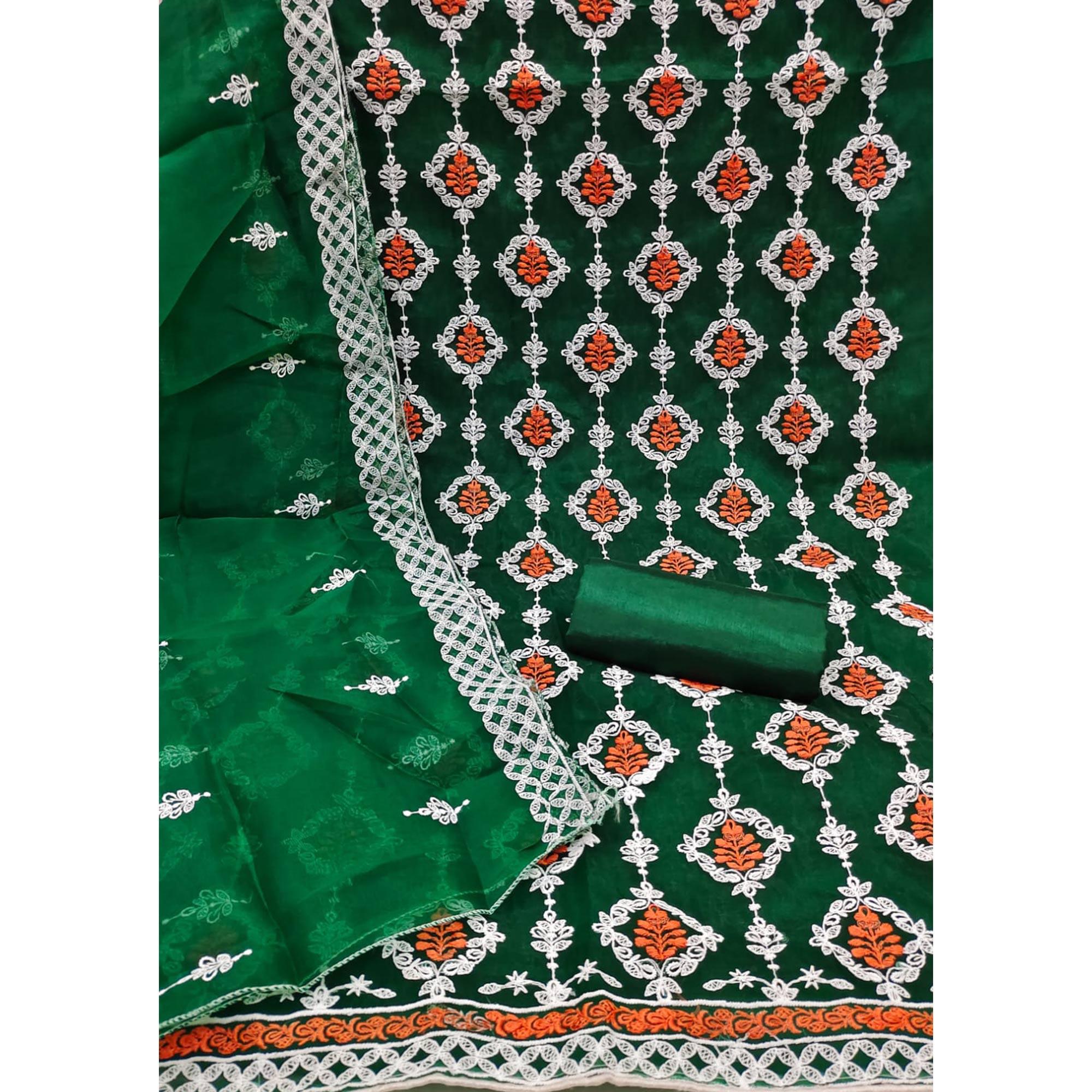 Green Floral Embroidered Organza Dress Material - Peachmode