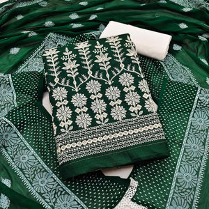 Green Floral Embroidered Pure Cotton Dress Material - Peachmode