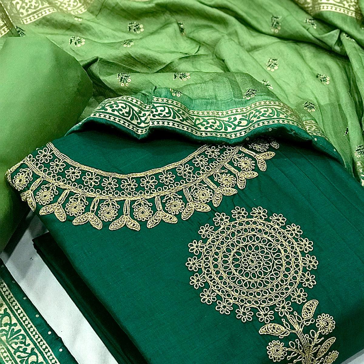 Green Floral Embroidered Pure Cotton Dress Material - Peachmode