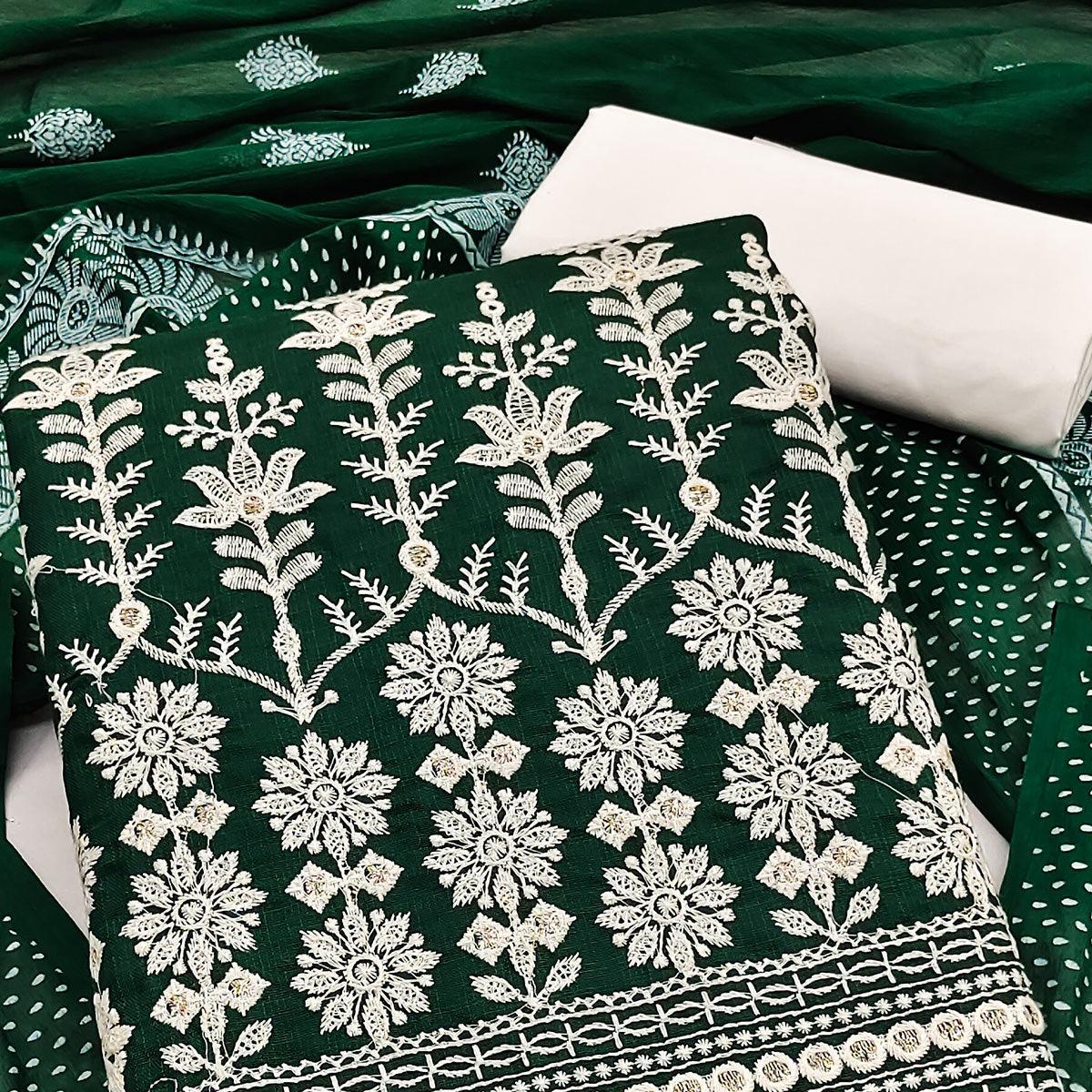Green Floral Embroidered Pure Cotton Dress Material - Peachmode