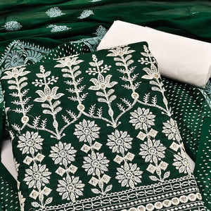 Green Floral Embroidered Pure Cotton Dress Material - Peachmode
