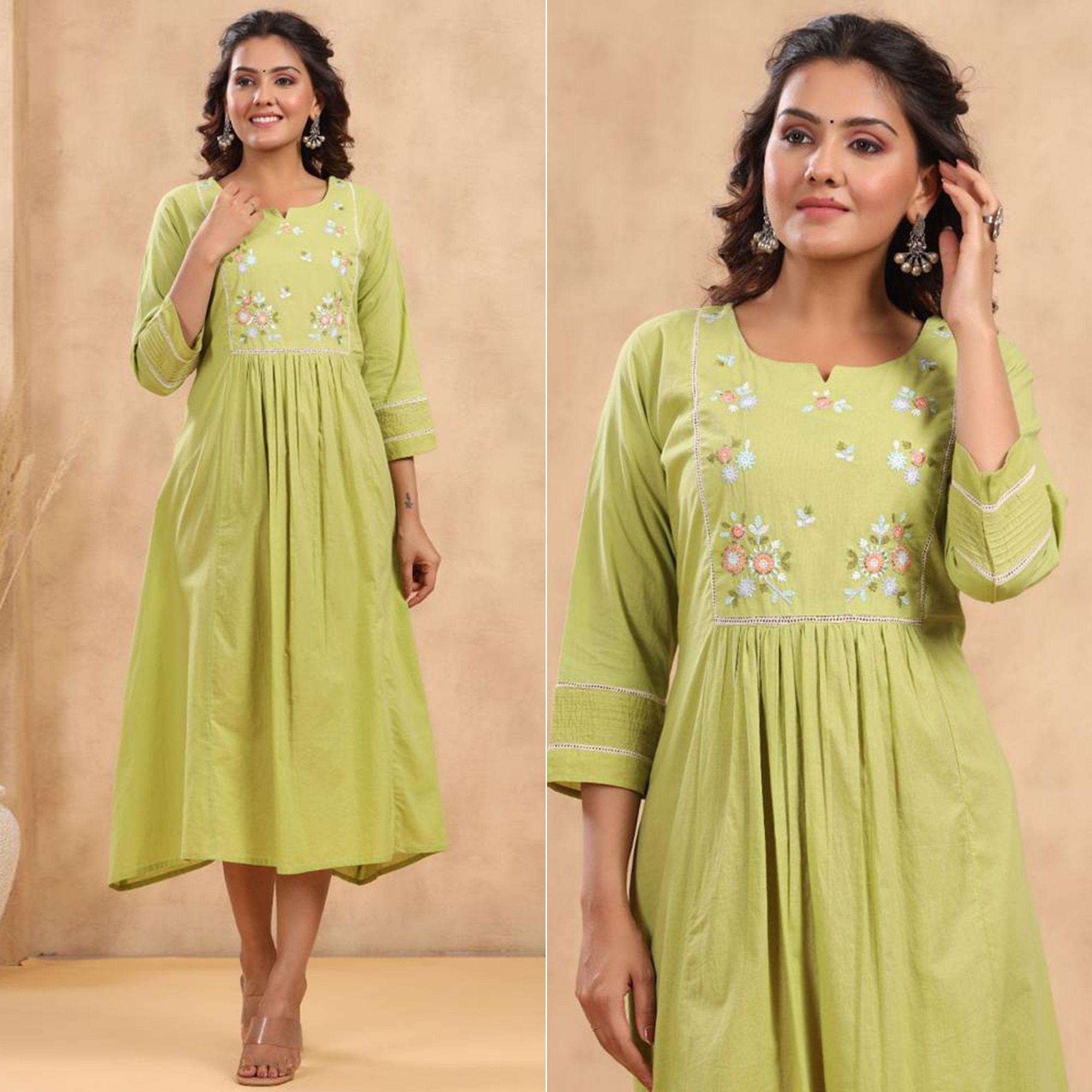 Green Floral Embroidered Pure Cotton Dress - Peachmode