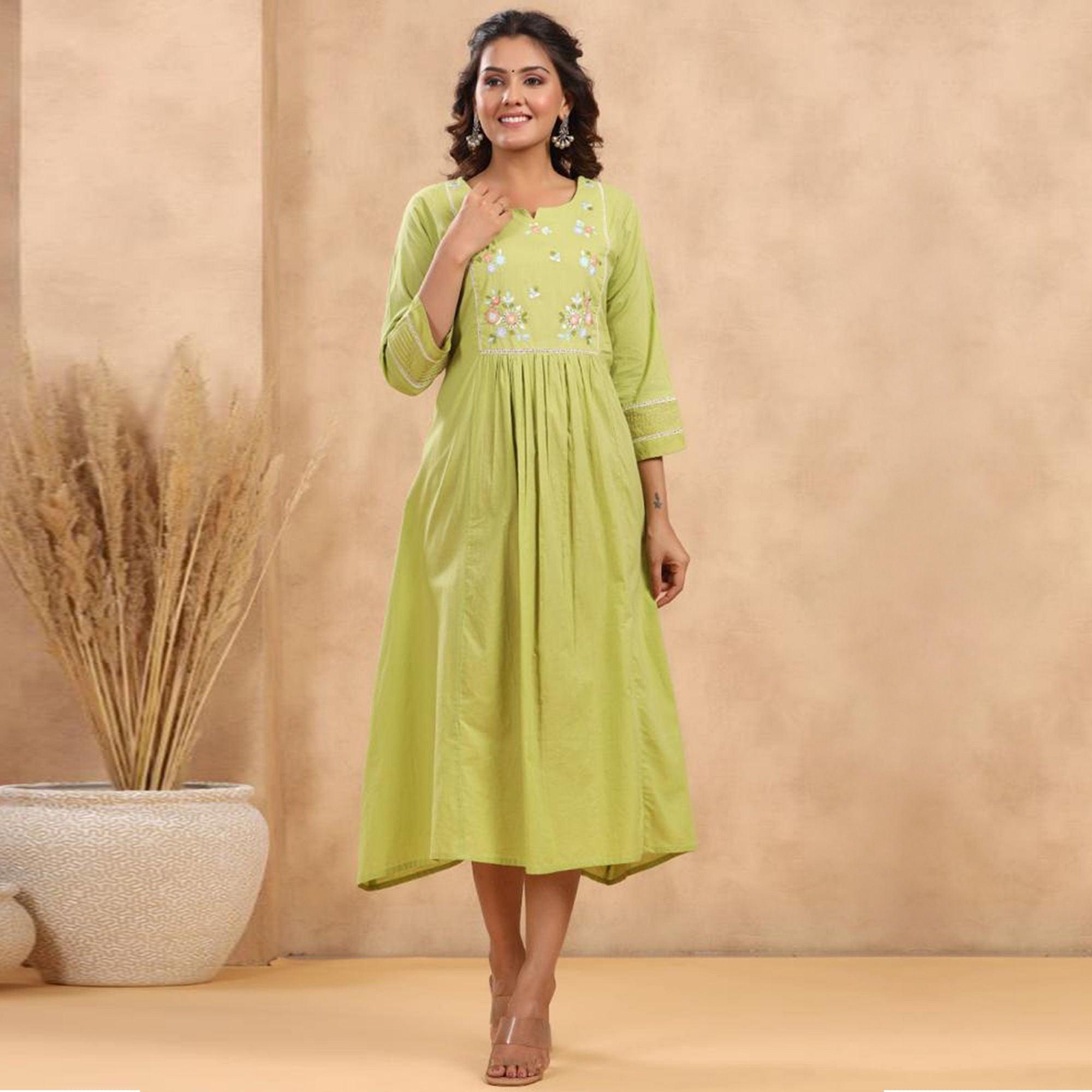 Green Floral Embroidered Pure Cotton Dress - Peachmode