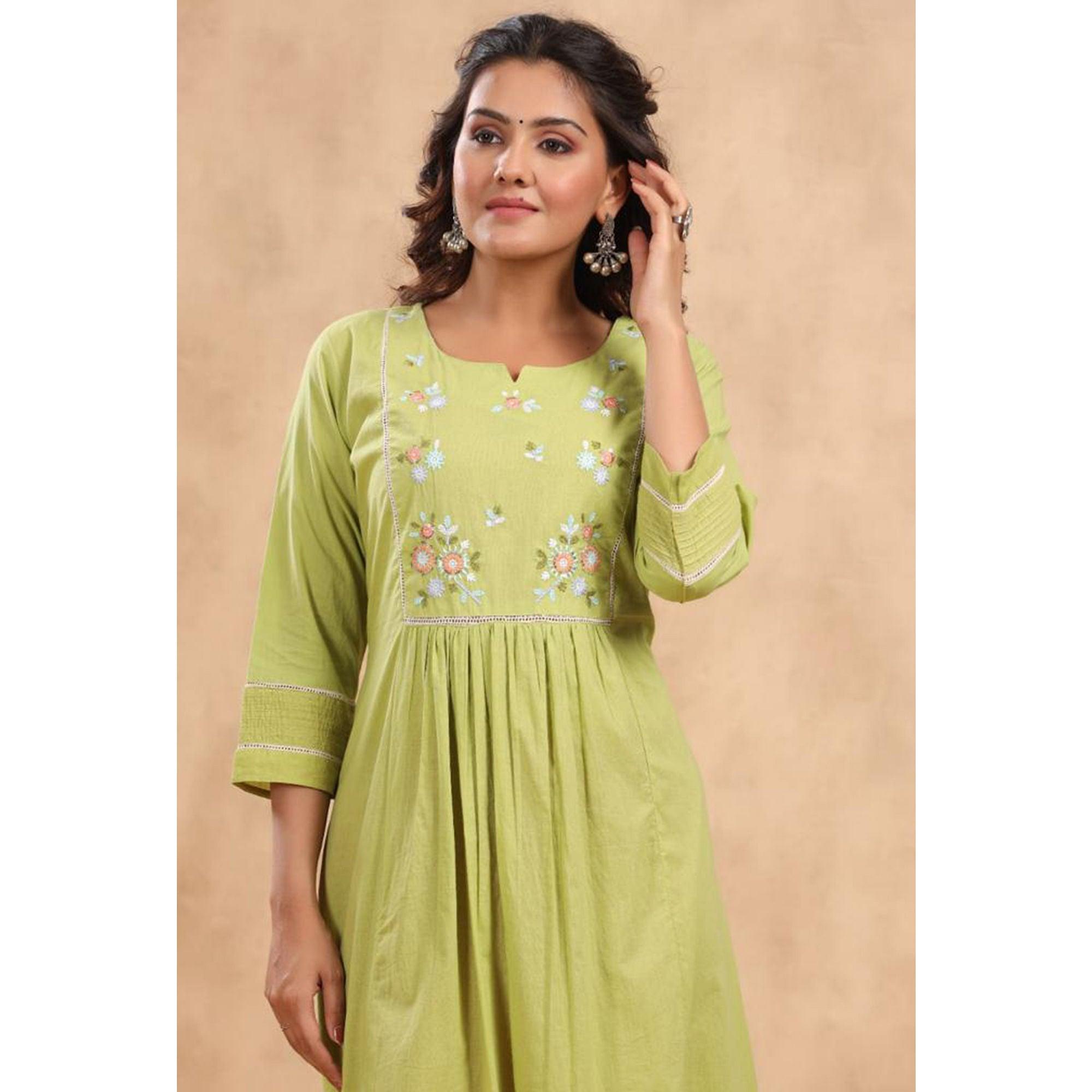 Green Floral Embroidered Pure Cotton Dress - Peachmode