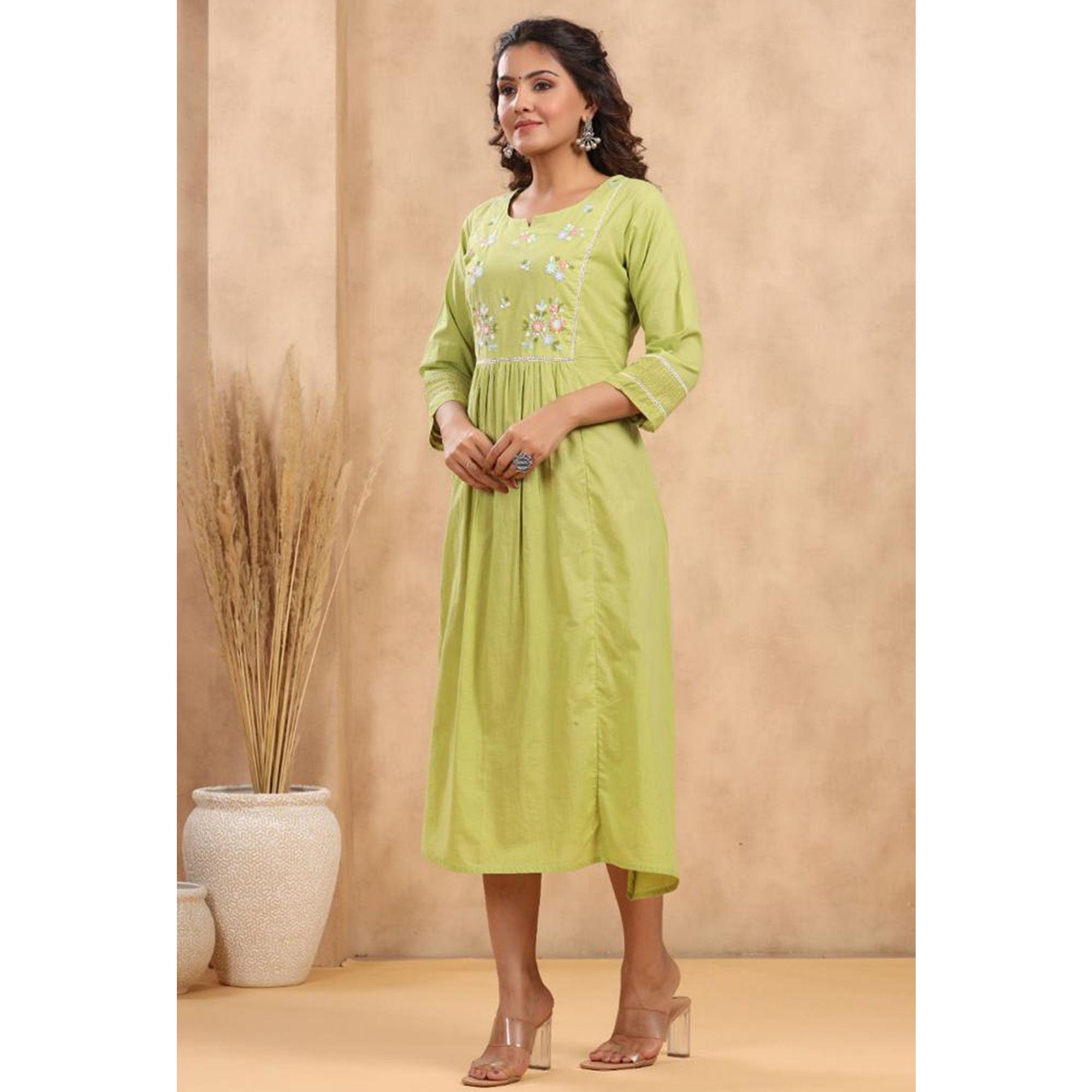 Green Floral Embroidered Pure Cotton Dress - Peachmode