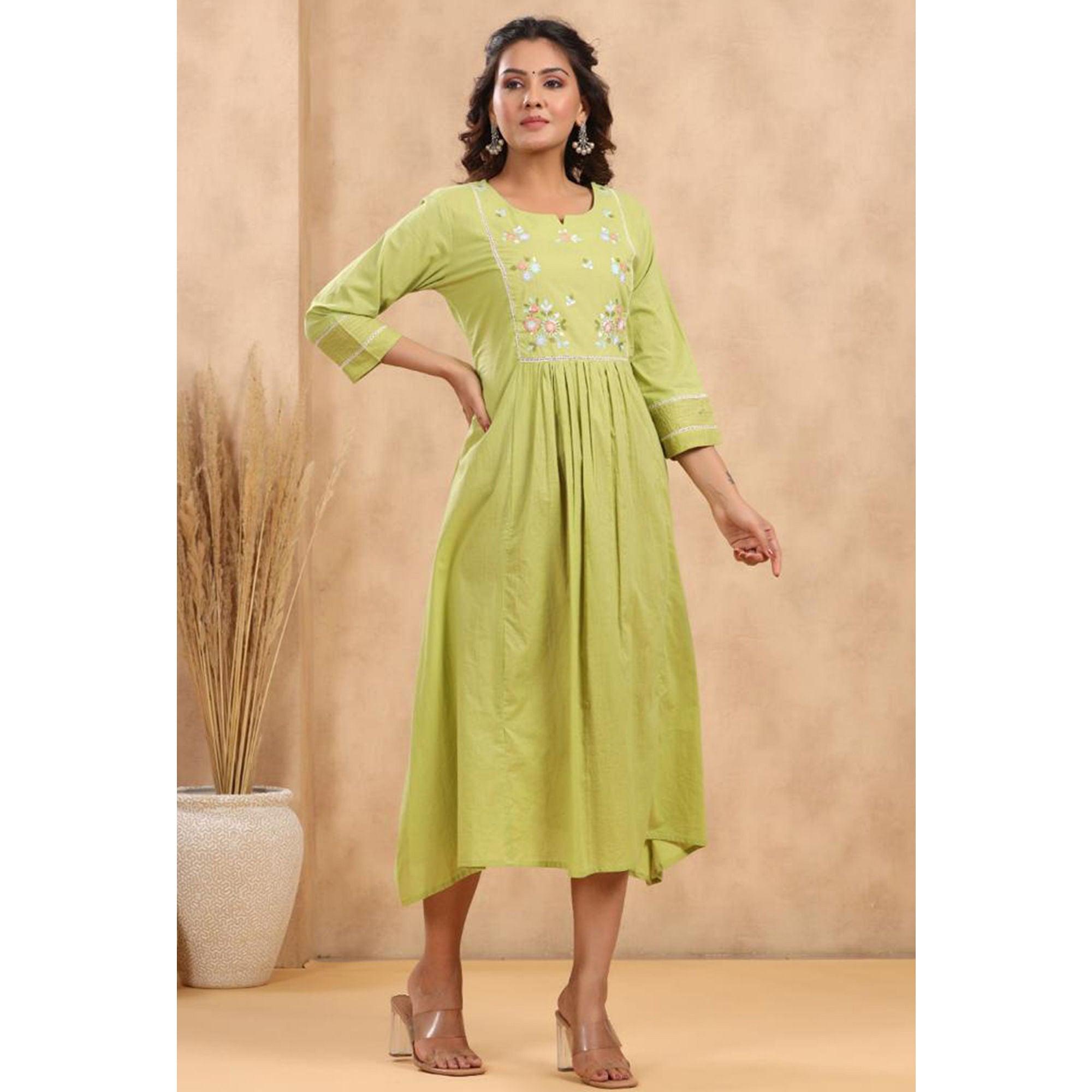 Green Floral Embroidered Pure Cotton Dress - Peachmode