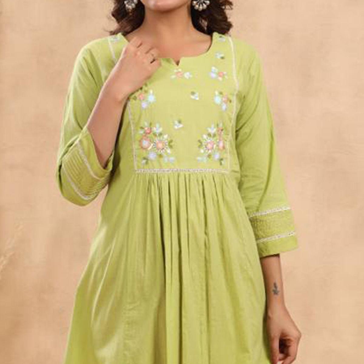 Green Floral Embroidered Pure Cotton Dress - Peachmode