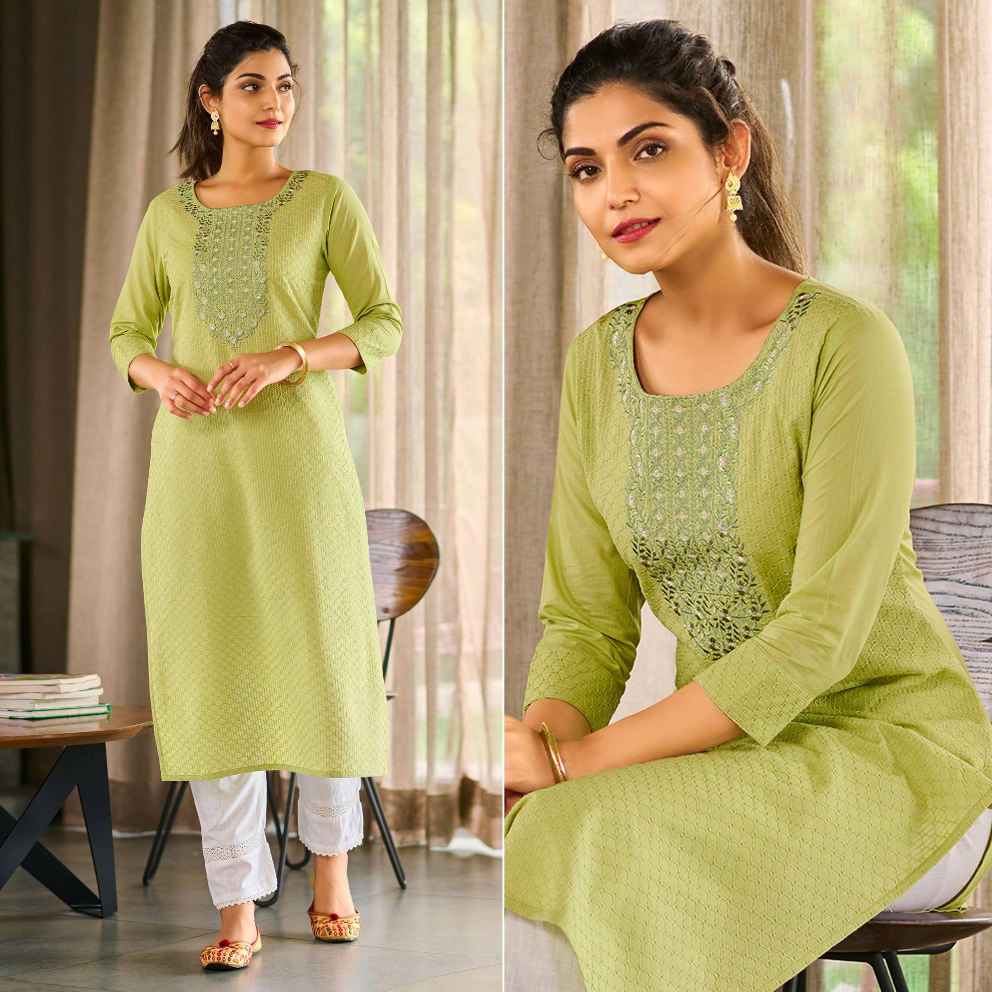 Green Floral Embroidered Pure Cotton Kurti - Peachmode