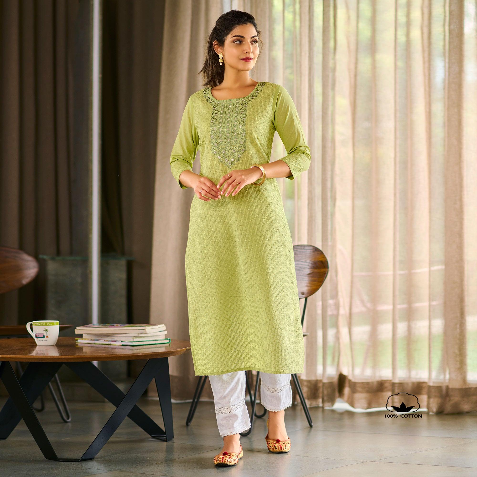 Green Floral Embroidered Pure Cotton Kurti - Peachmode