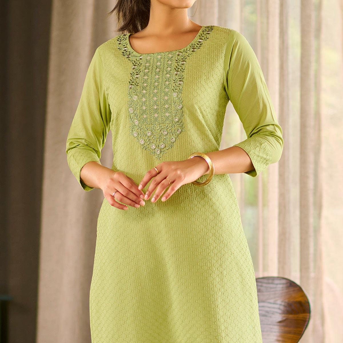 Green Floral Embroidered Pure Cotton Kurti - Peachmode