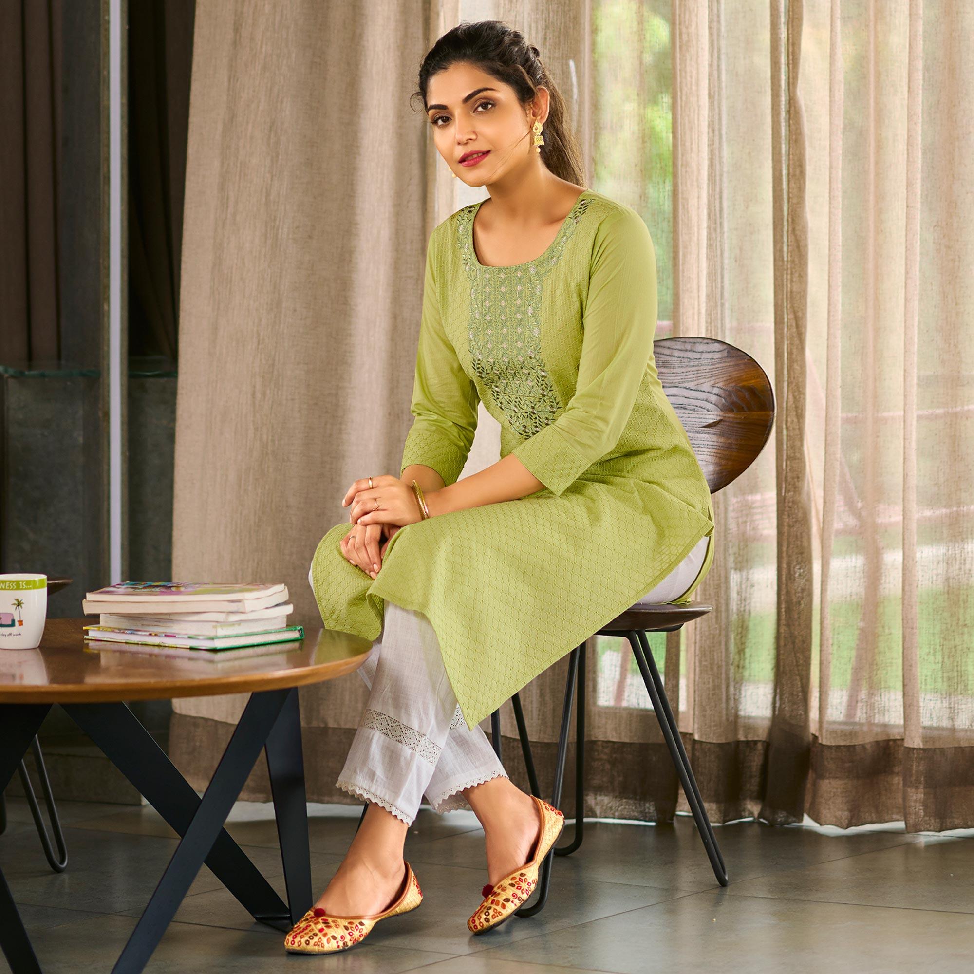 Green Floral Embroidered Pure Cotton Kurti - Peachmode