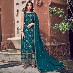 Green Floral Embroidered Pure Dola Jacquard Partywear Suit - Peachmode