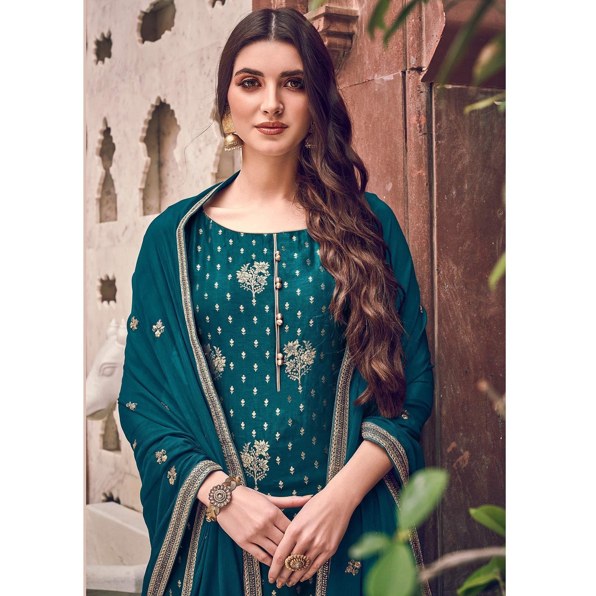 Green Floral Embroidered Pure Dola Jacquard Partywear Suit - Peachmode