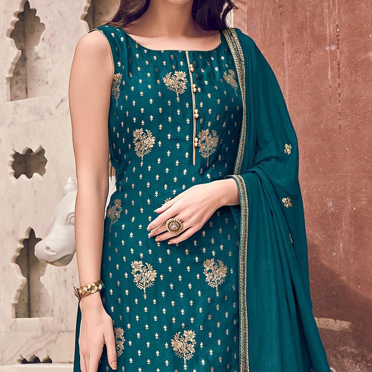 Green Floral Embroidered Pure Dola Jacquard Partywear Suit - Peachmode