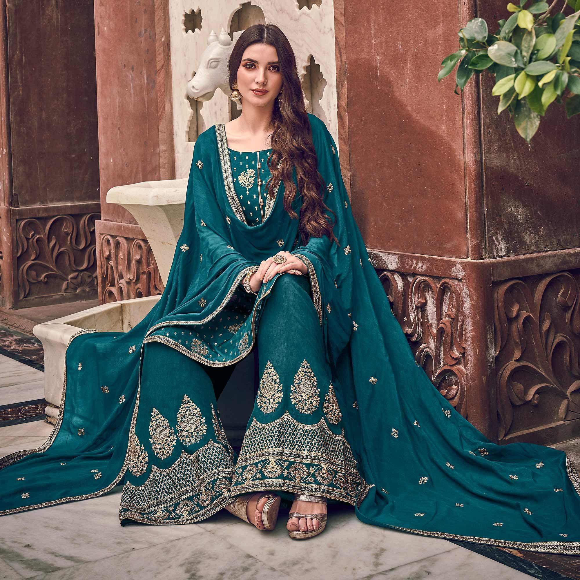 Green Floral Embroidered Pure Dola Jacquard Partywear Suit - Peachmode