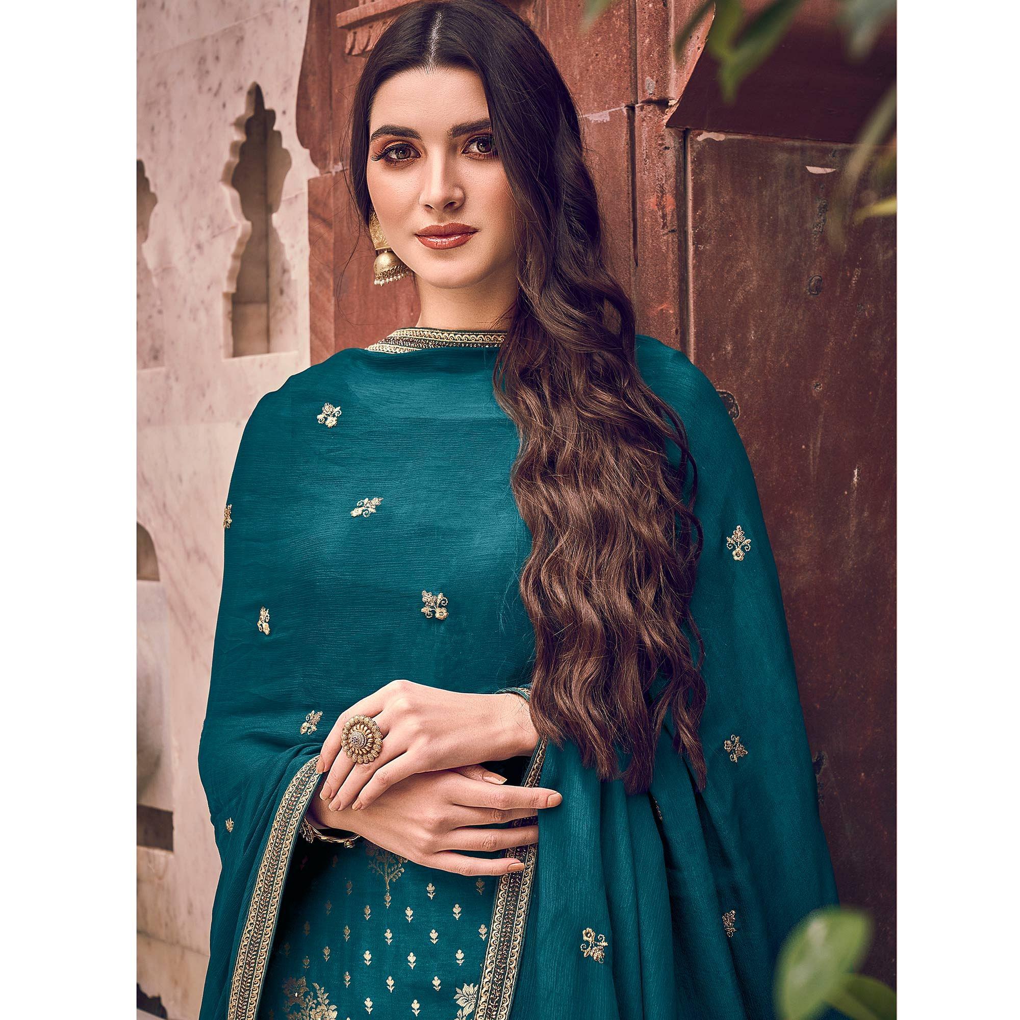 Green Floral Embroidered Pure Dola Jacquard Partywear Suit - Peachmode