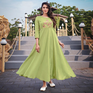Green Floral Embroidered Rayon Gown - Peachmode
