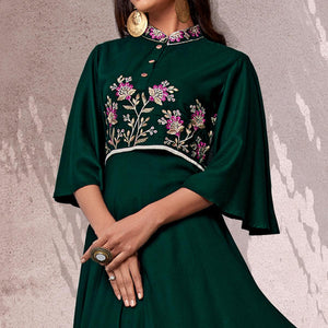 Green Floral Embroidered Rayon Gown - Peachmode