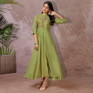 Green Floral Embroidered Rayon Gown - Peachmode