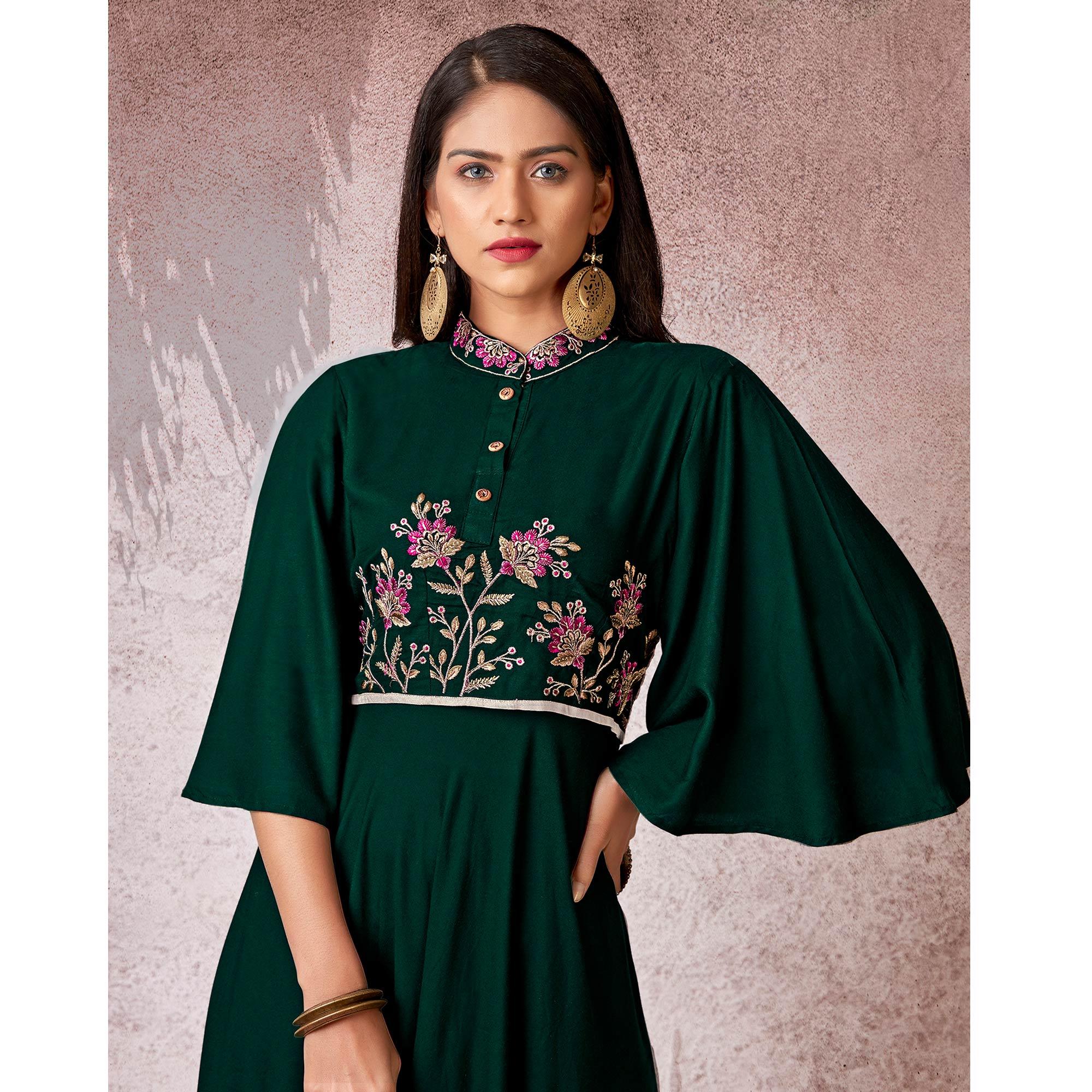 Green Floral Embroidered Rayon Gown - Peachmode