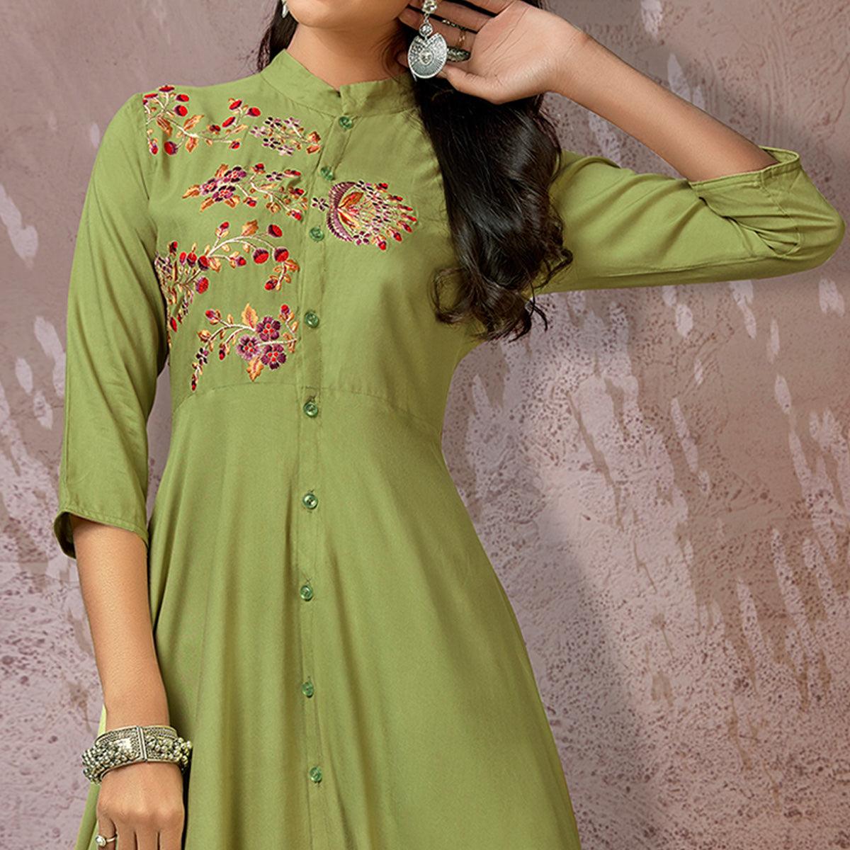 Green Floral Embroidered Rayon Gown - Peachmode