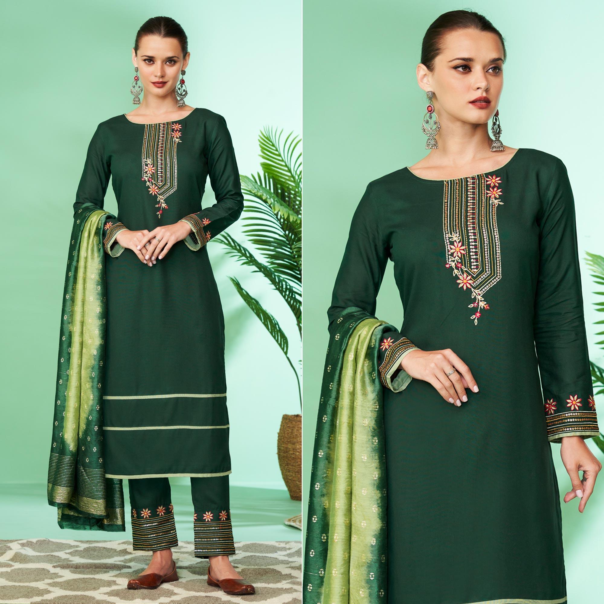 Green Floral Embroidered Rayon Kurti Pant Set - Peachmode