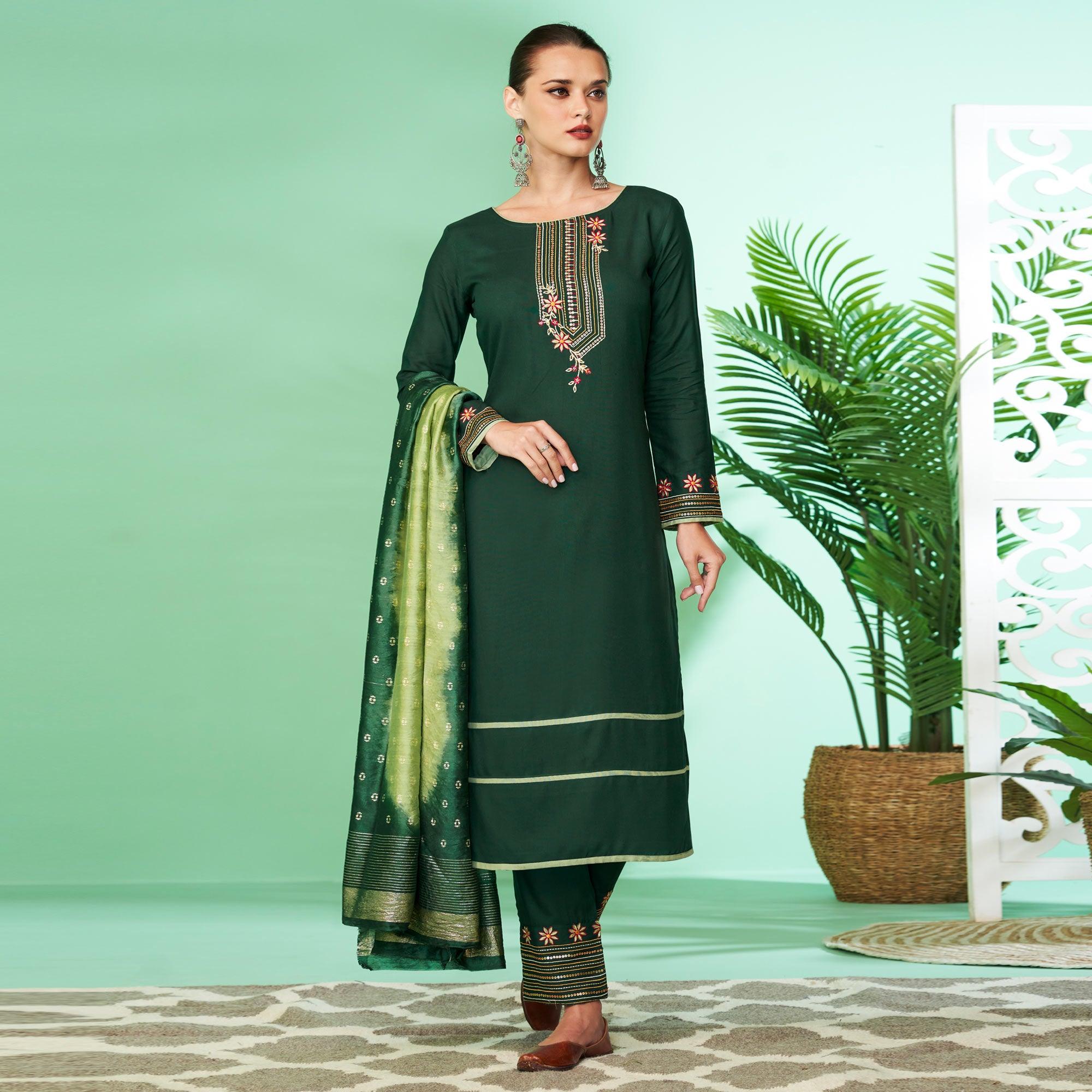 Green Floral Embroidered Rayon Kurti Pant Set - Peachmode