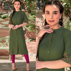 Green Floral Embroidered Rayon Kurti - Peachmode
