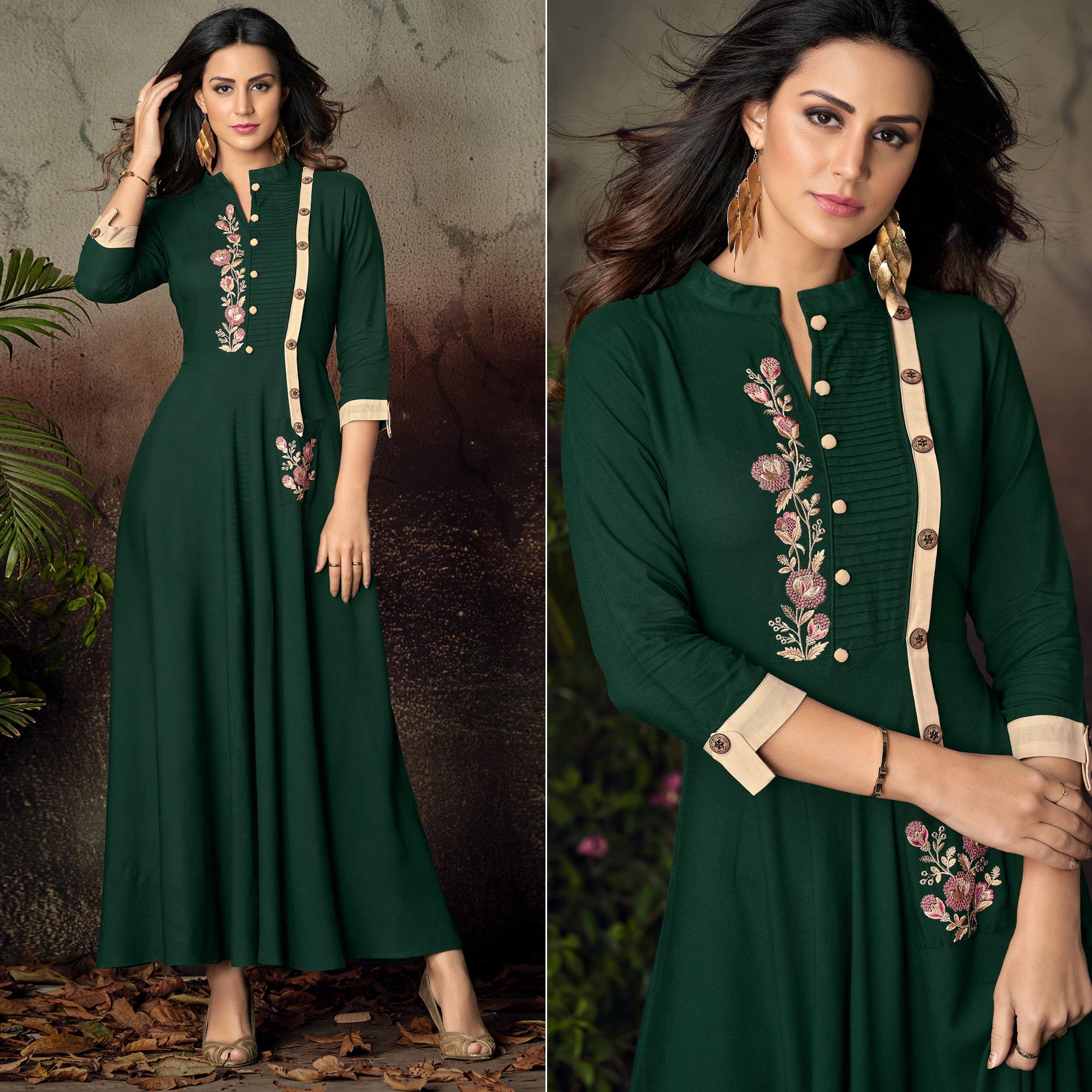 Green Floral Embroidered Rayon Kurti - Peachmode