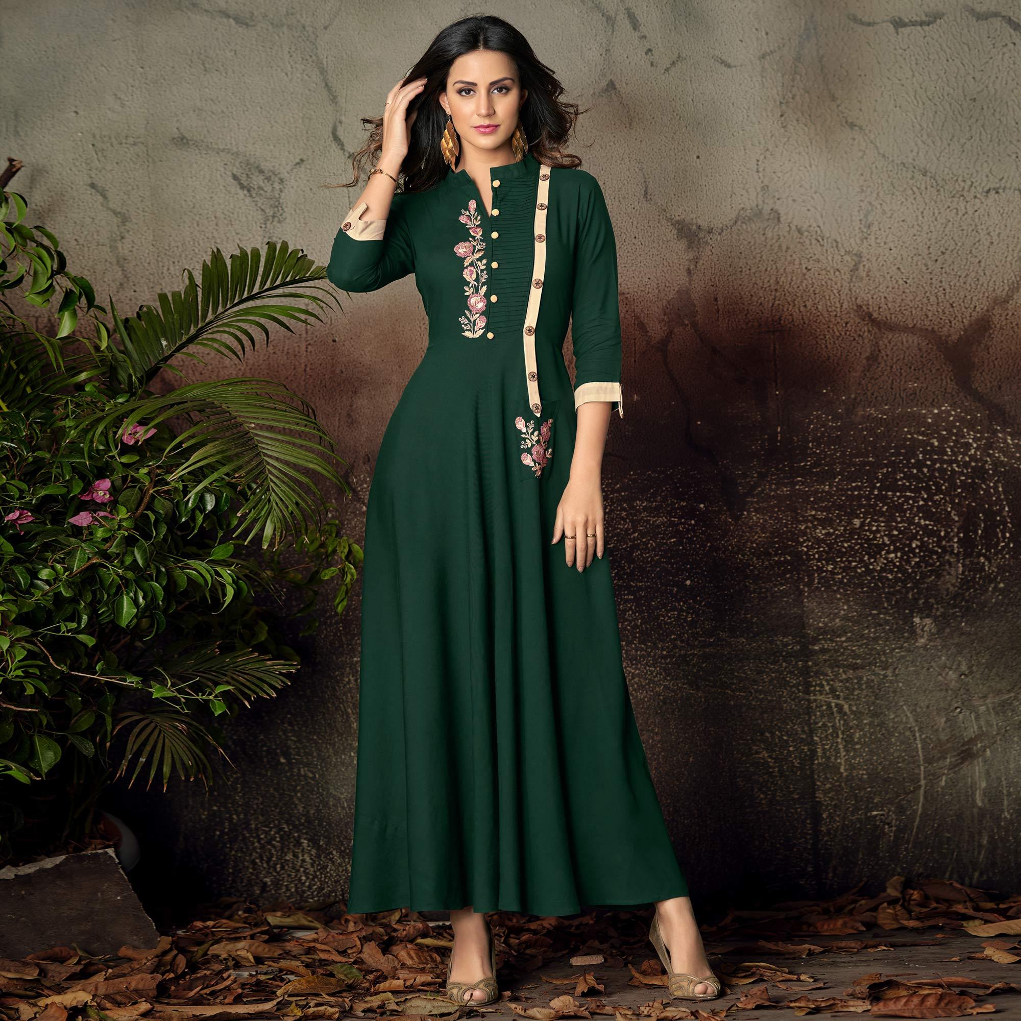 Green Floral Embroidered Rayon Kurti - Peachmode