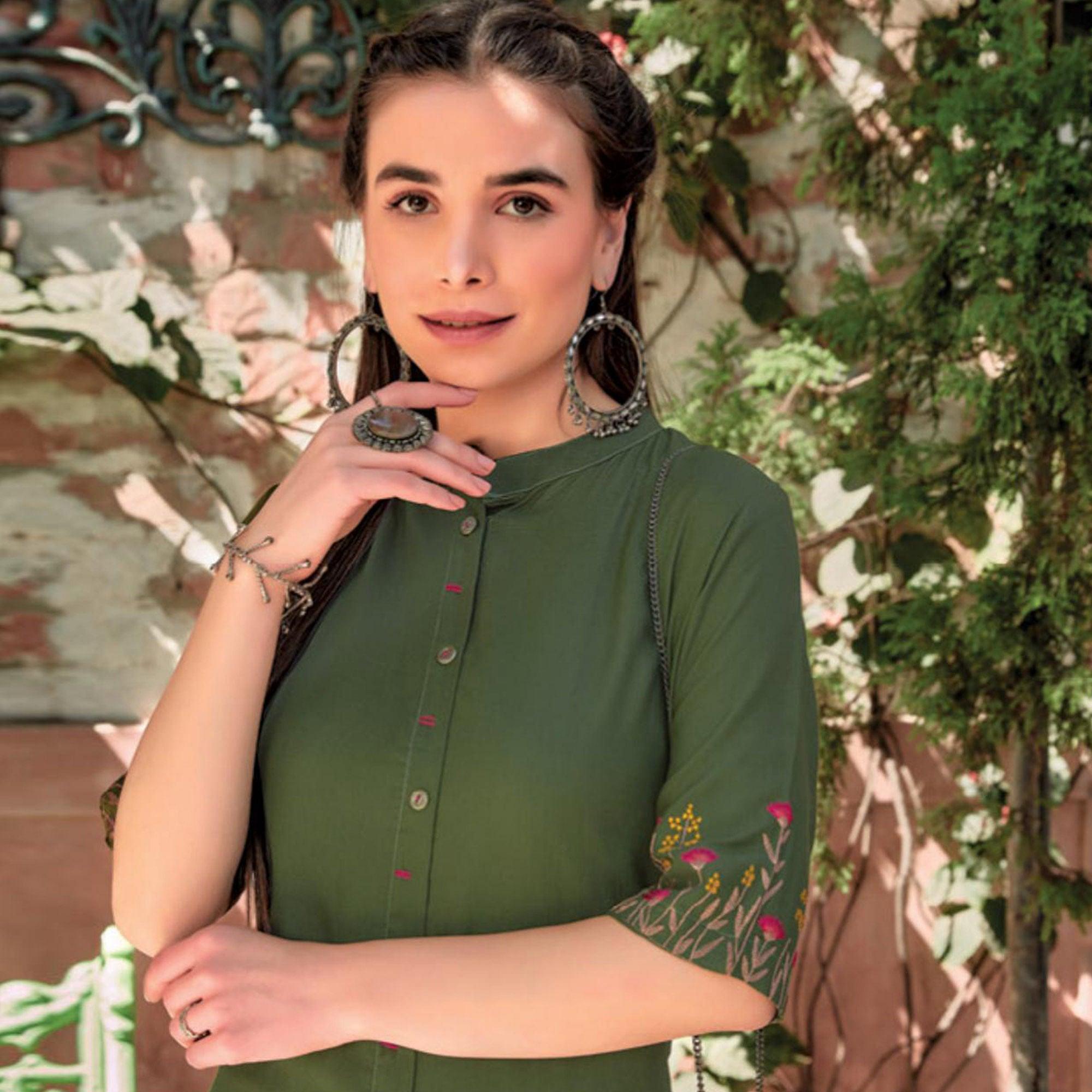 Green Floral Embroidered Rayon Kurti - Peachmode