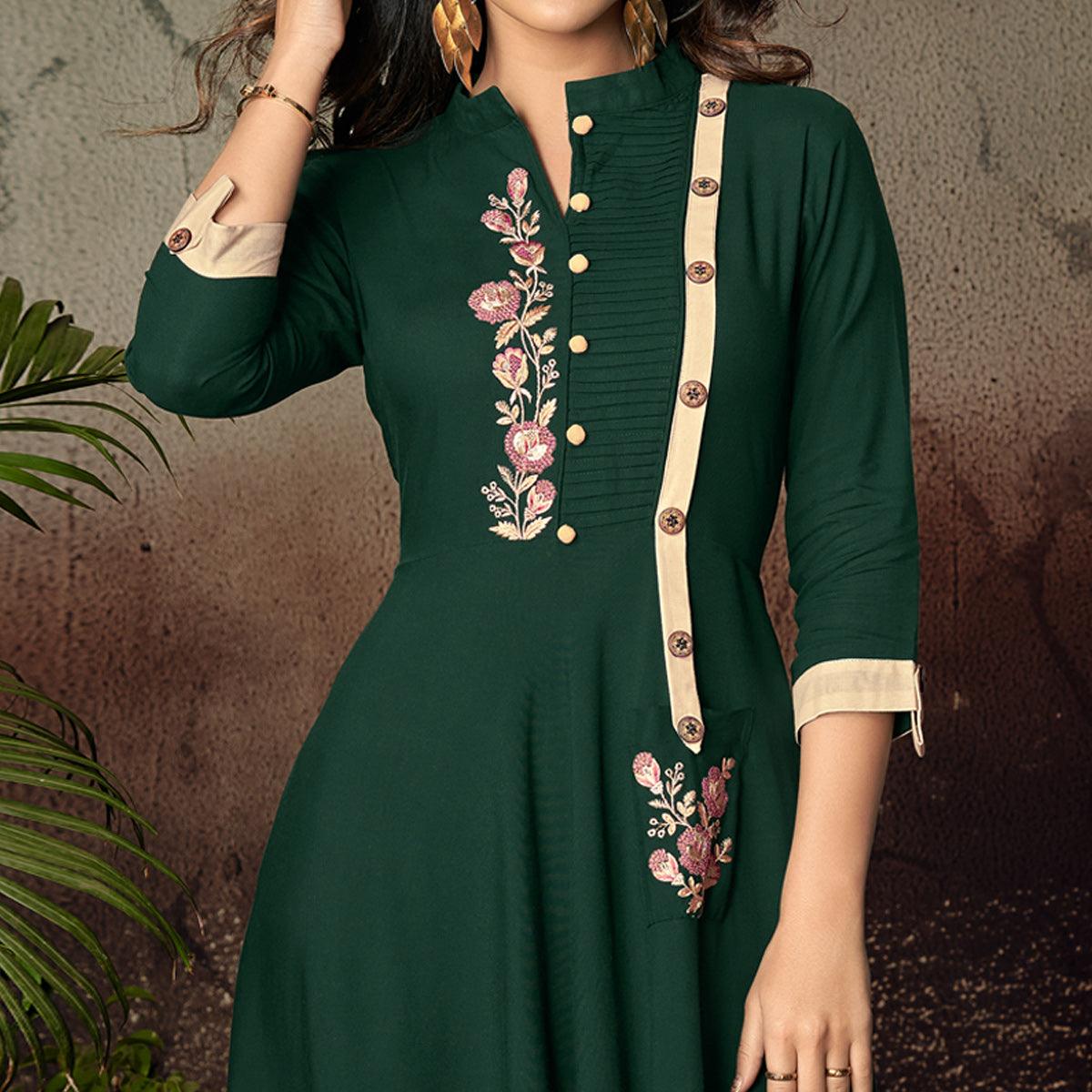 Green Floral Embroidered Rayon Kurti - Peachmode