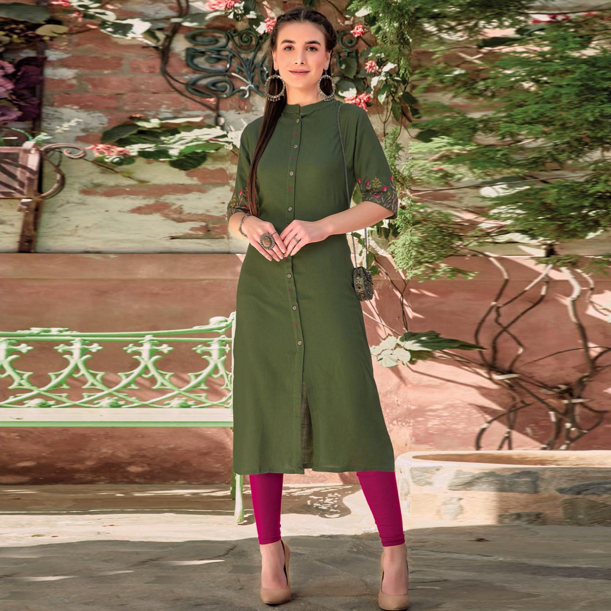 Green Floral Embroidered Rayon Kurti - Peachmode