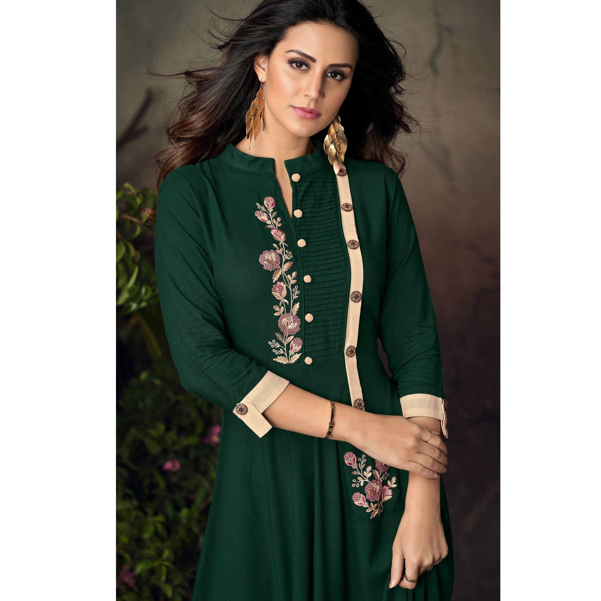 Green Floral Embroidered Rayon Kurti - Peachmode