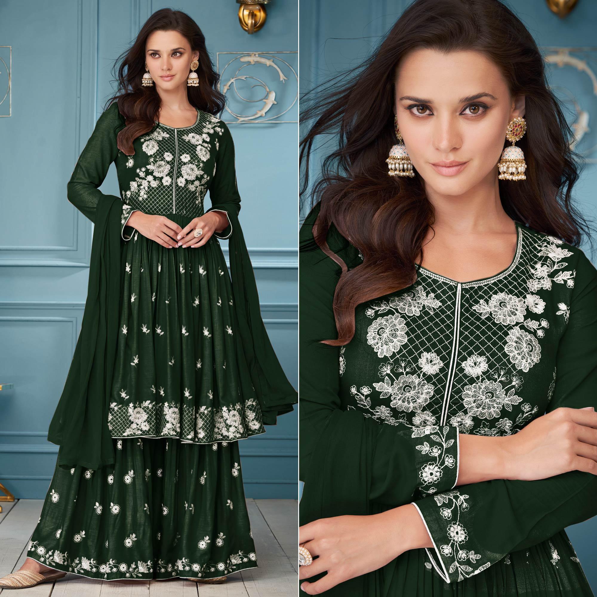 Green Floral Embroidered Rayon Palazzo Suit - Peachmode