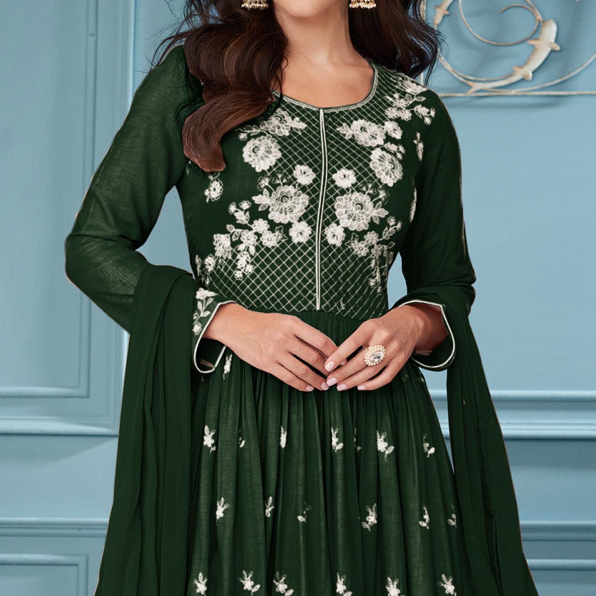 Green Floral Embroidered Rayon Palazzo Suit - Peachmode