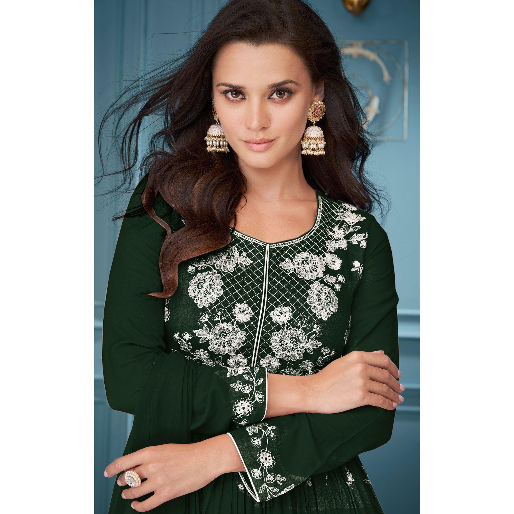Green Floral Embroidered Rayon Palazzo Suit - Peachmode