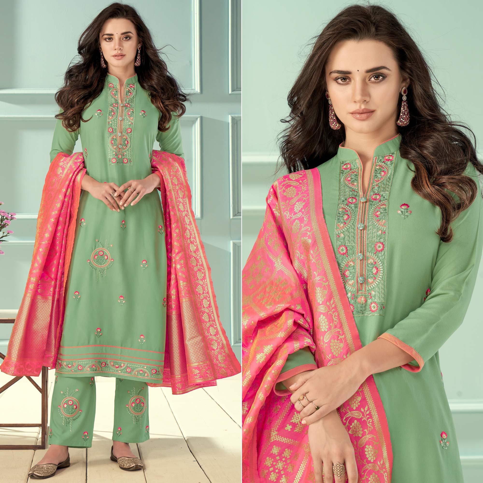 Green Floral Embroidered Rayon Partywear Suit - Peachmode