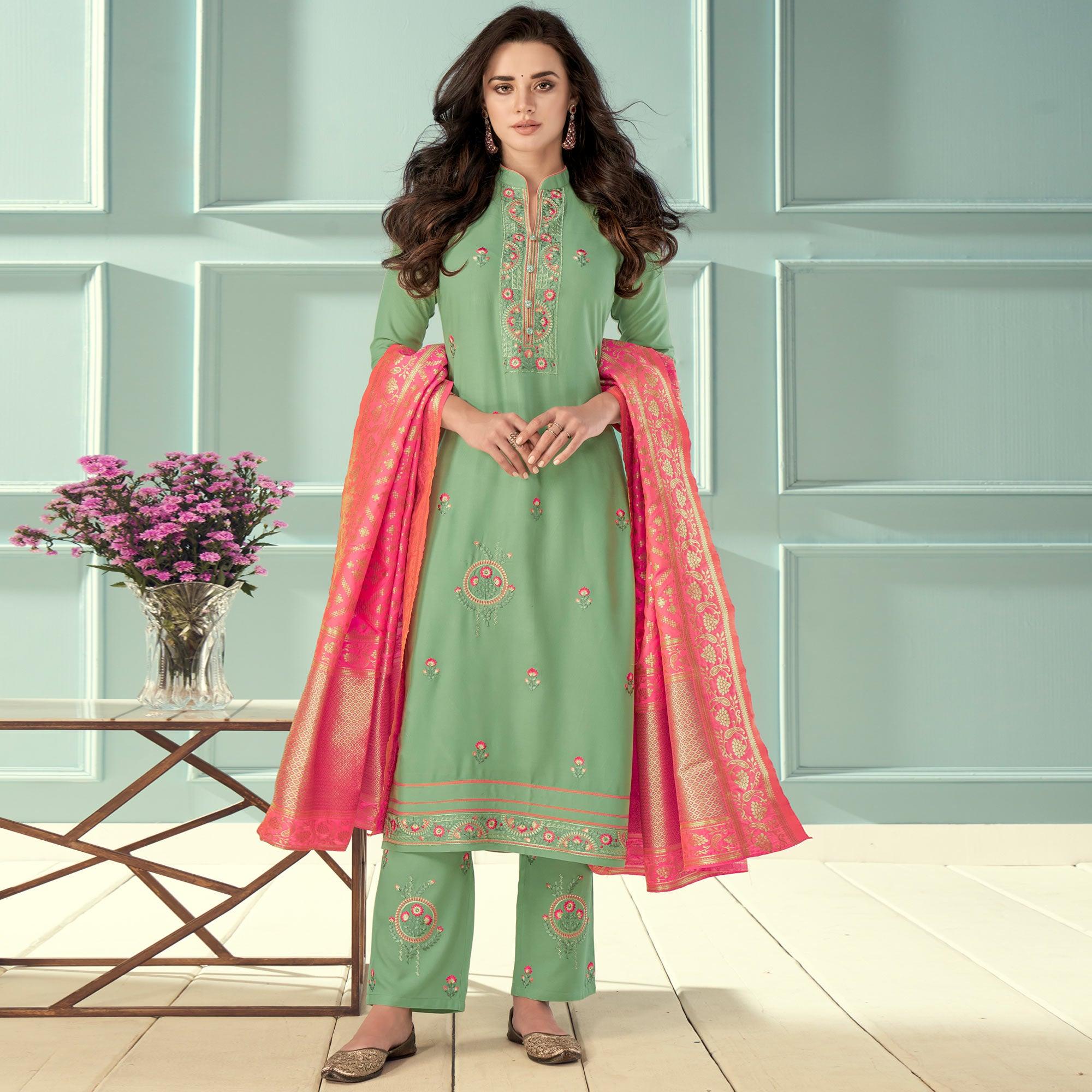 Green Floral Embroidered Rayon Partywear Suit - Peachmode
