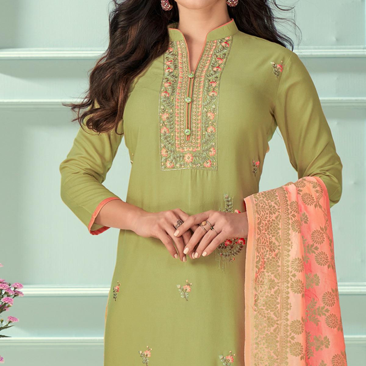 Green Floral Embroidered Rayon Partywear Suit - Peachmode